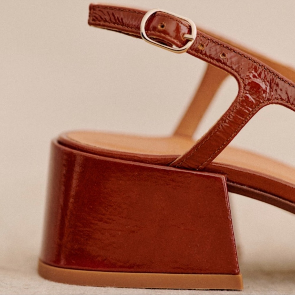 🍂🍎Sezane PAULA BABIES in PATENT CAMEL Sling back Heels - Picture 5 of 13